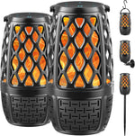 Soobuygoo outdoor bluetooth speakers 2 pack front view showing realistic flickering flame light effect on patio table