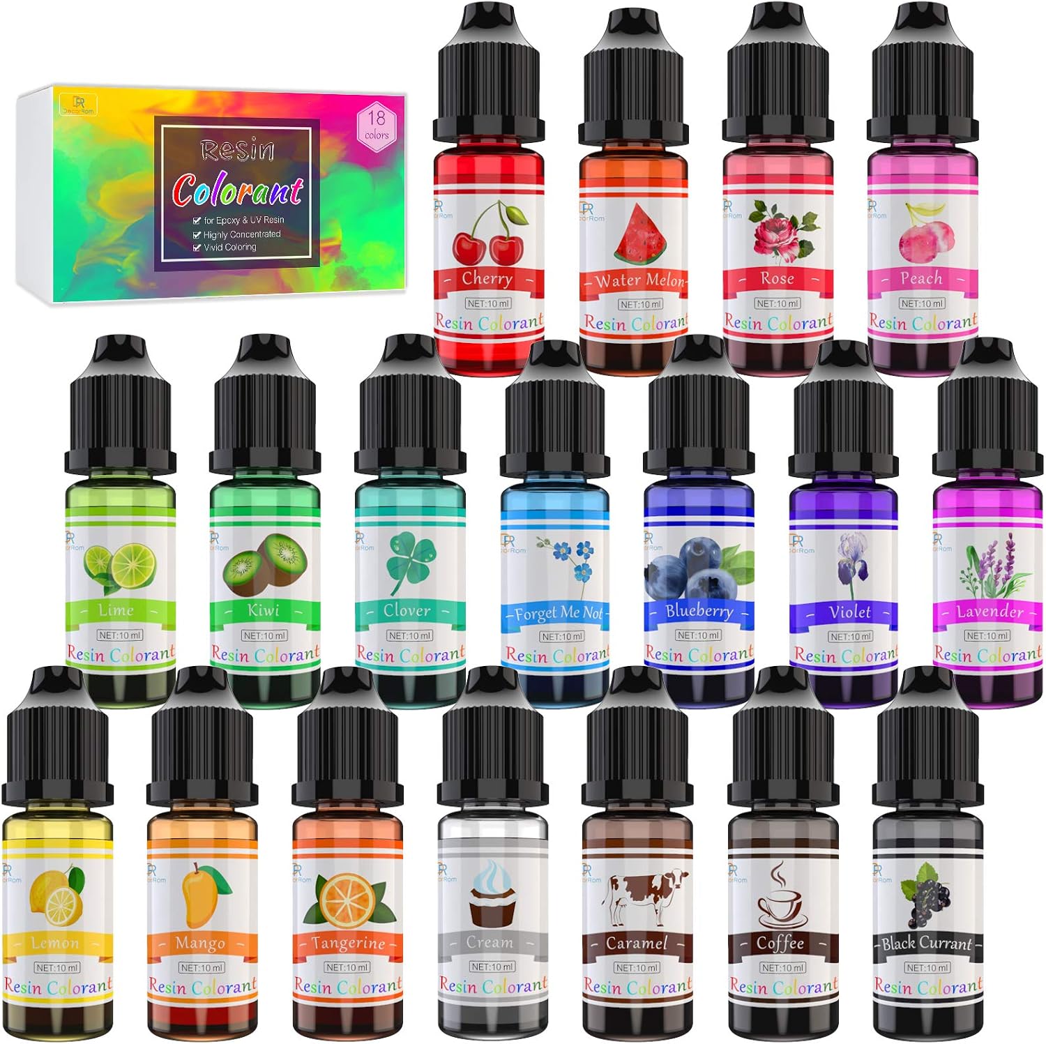 DecorRom epoxy resin pigment front view of 18 color liquid dye bottles