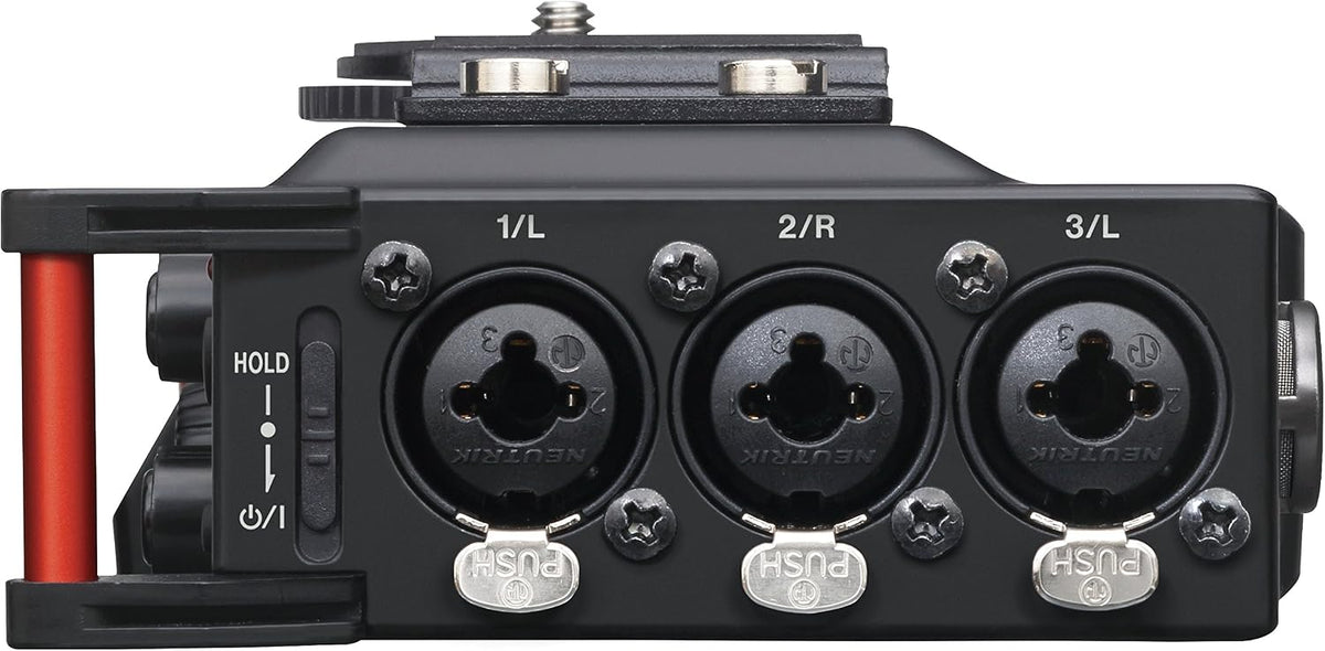 Tascam DR-70D top angle showing built-in stereo microphones