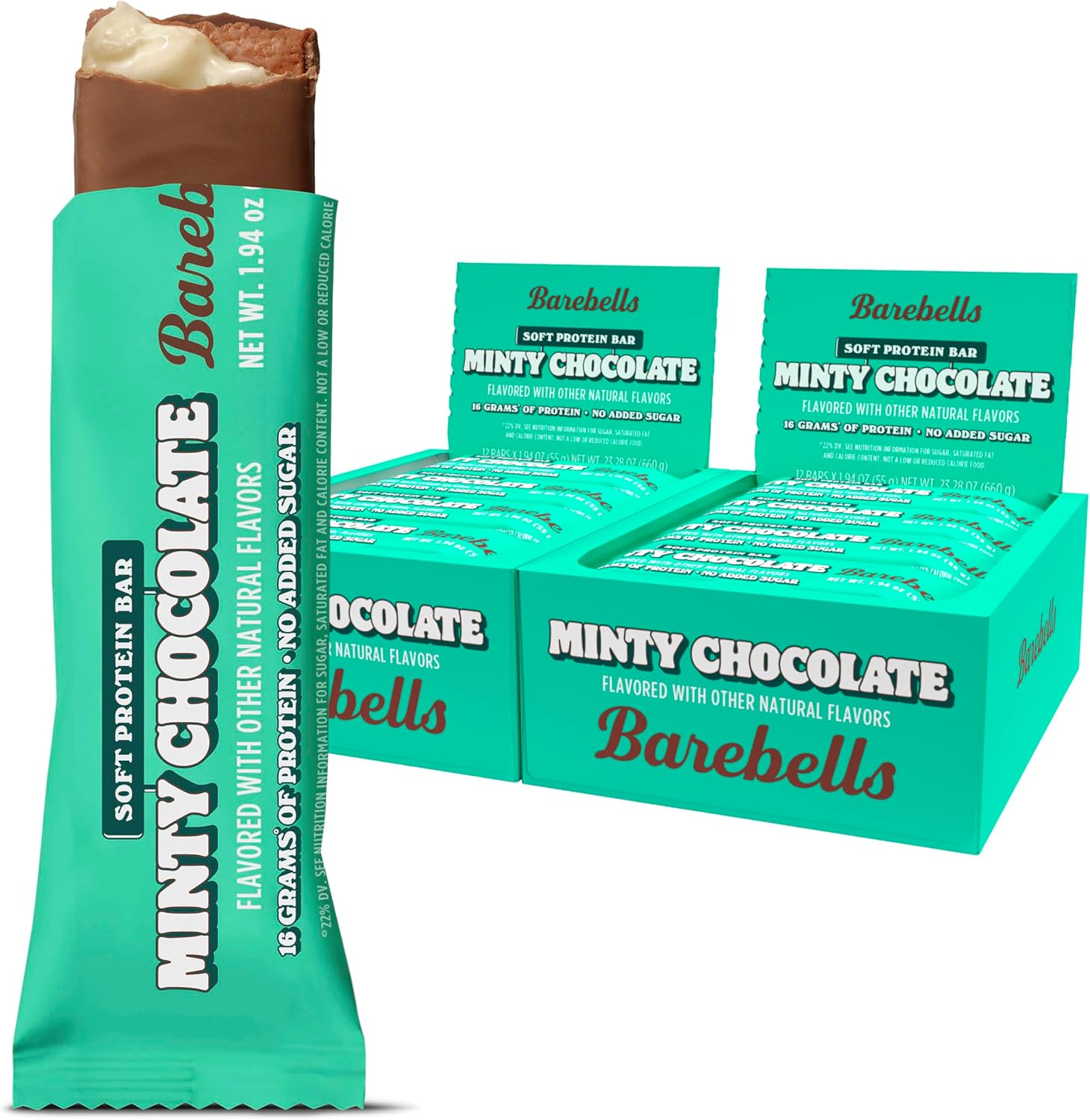 Barebells Soft Protein Bars Minty Chocolate 12 count pack front view showcasing authentic USA packaging.