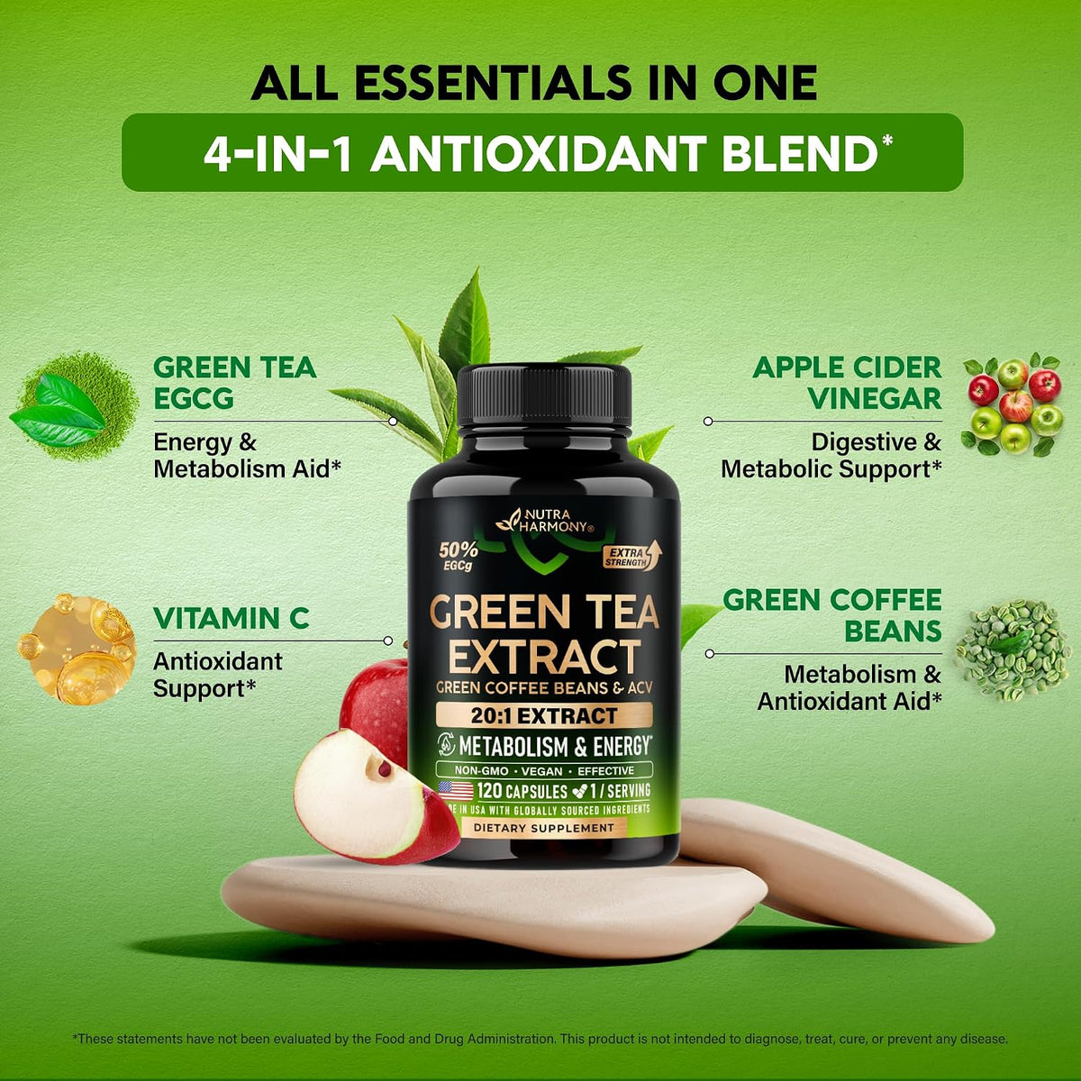 Nutraharmony Green Tea Supplement facts panel display
