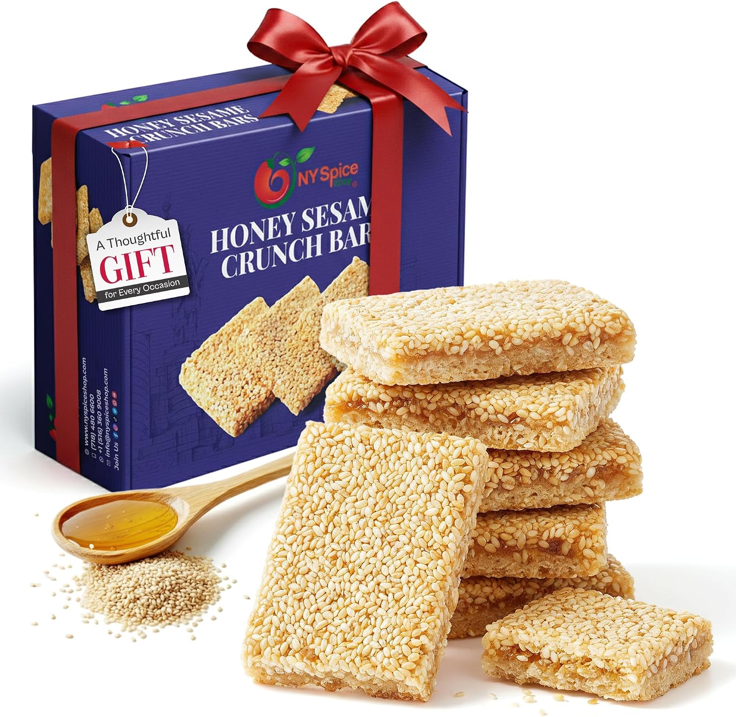 Crisp golden sesame honey bar broken in half to show the crunchy interior texture.
