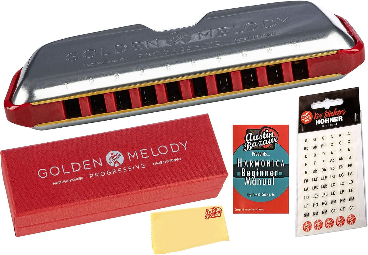 Hohner Golden Melody harmonica bundle front view showing red case and instrument