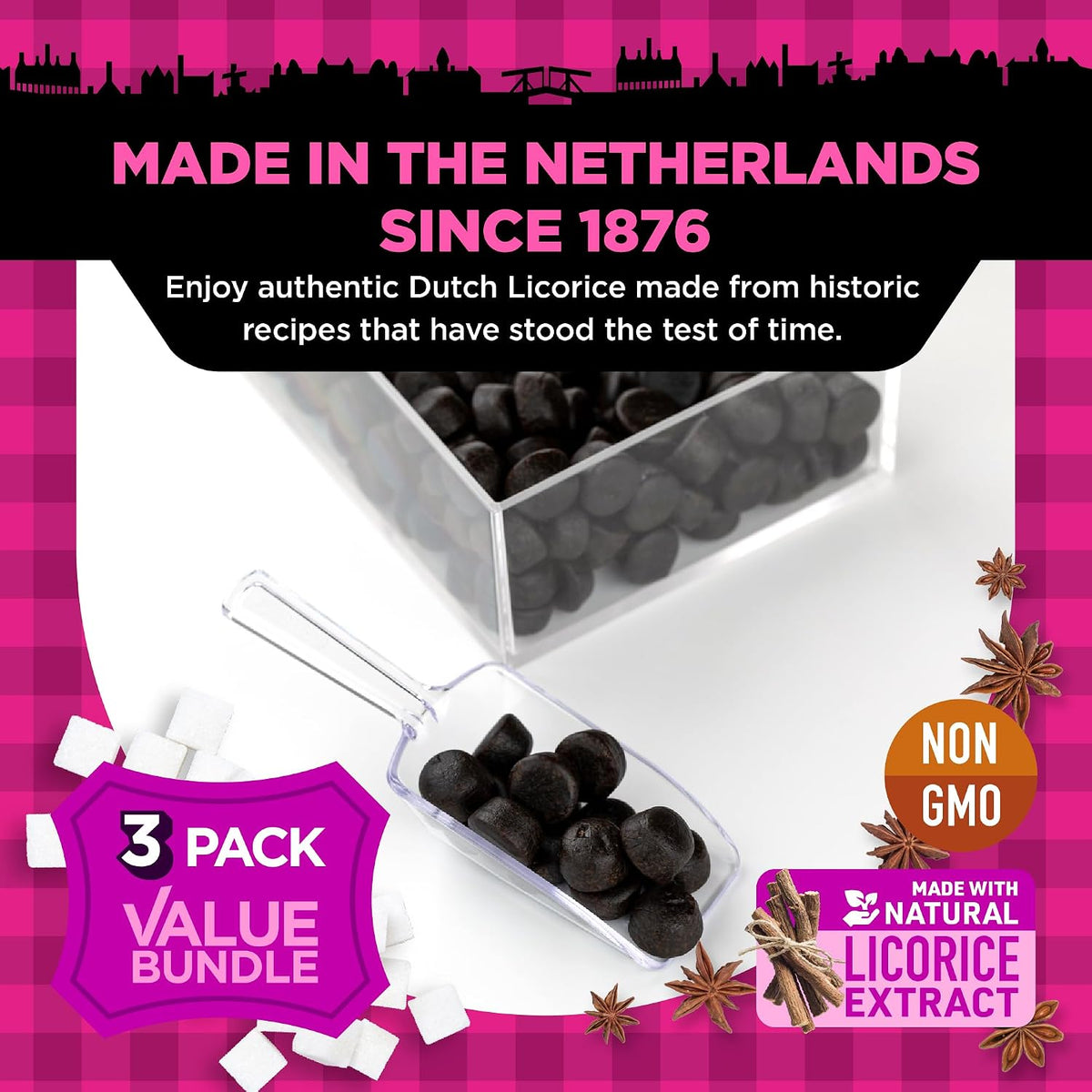Dutch imported sweet black licorice bags back ingredient label view.