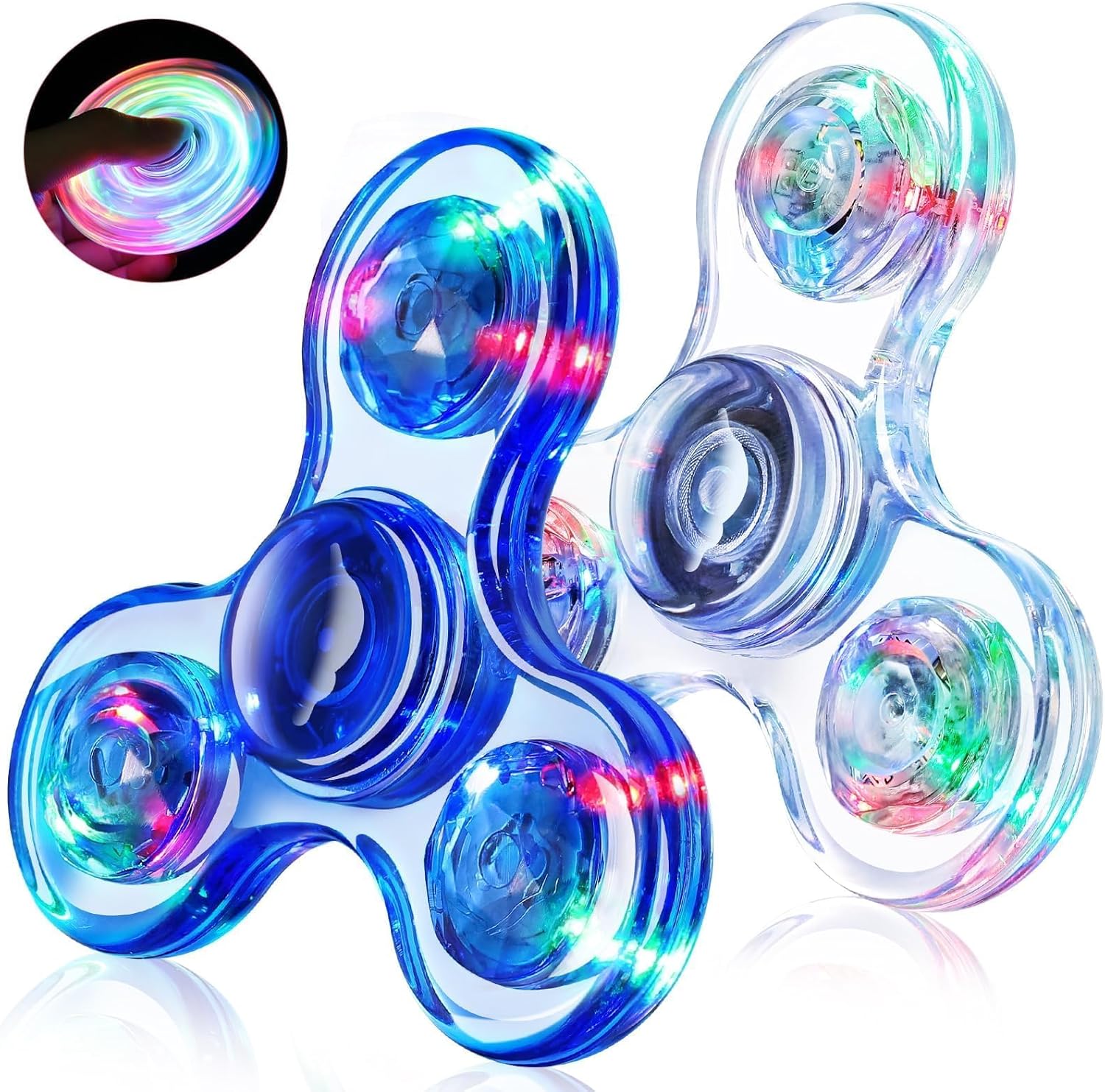 Fasray light up sensory fidget spinner two pack front view showcasing crystal clear plastic casing and glowing LED lights.