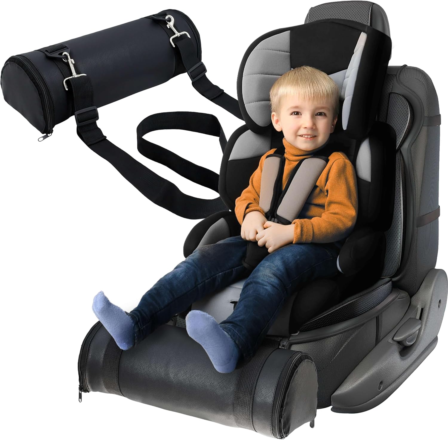 Kalnweis car seat foot rest front view attached to booster seat for ergonomic leg support