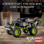 LEGO Technic Monster Jam Grave Digger truck angled profile displaying pull-back motor mechanics