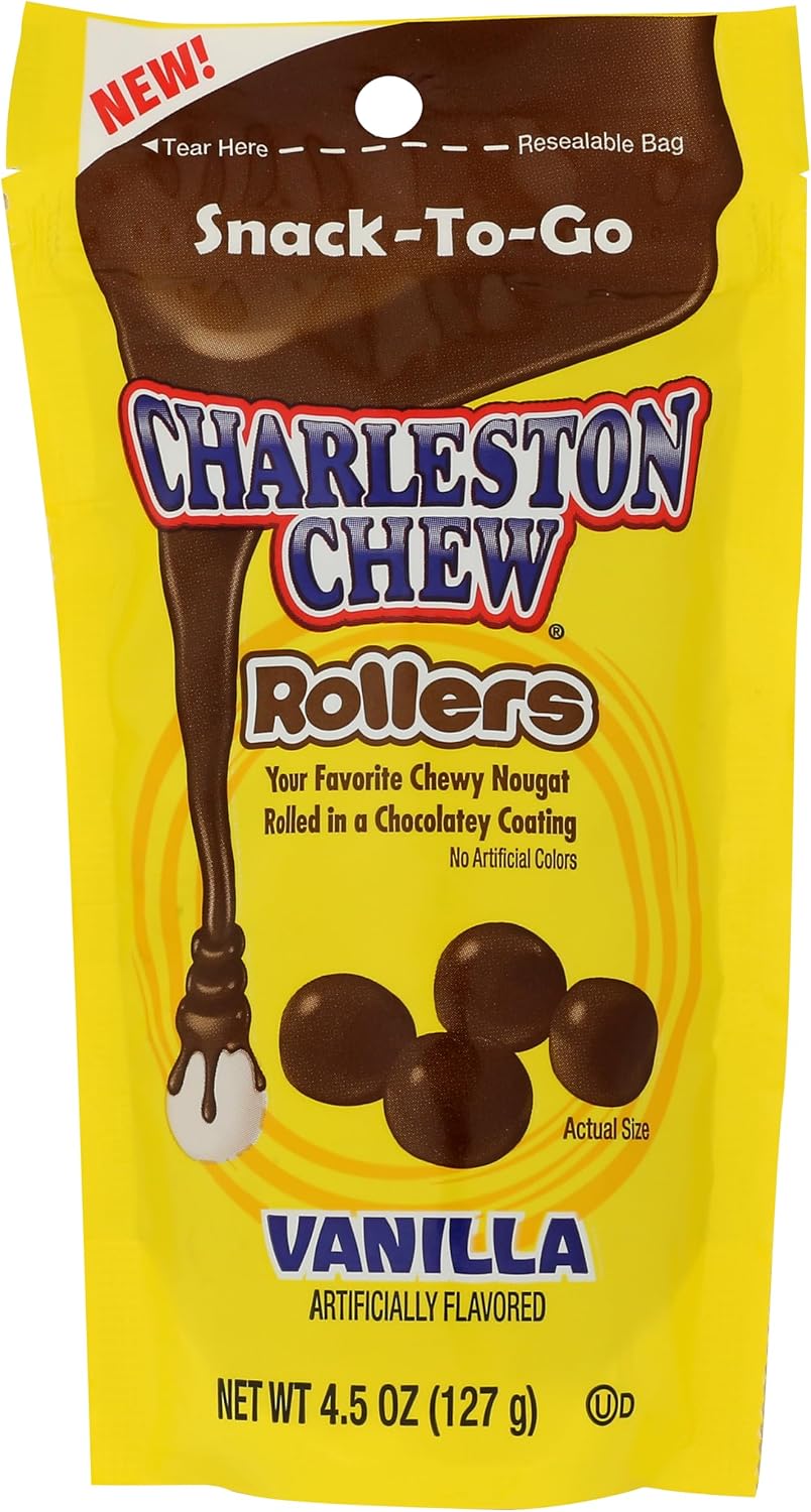 Back packaging showing the peanut free and gluten free labels of Charleston Chew Rollers