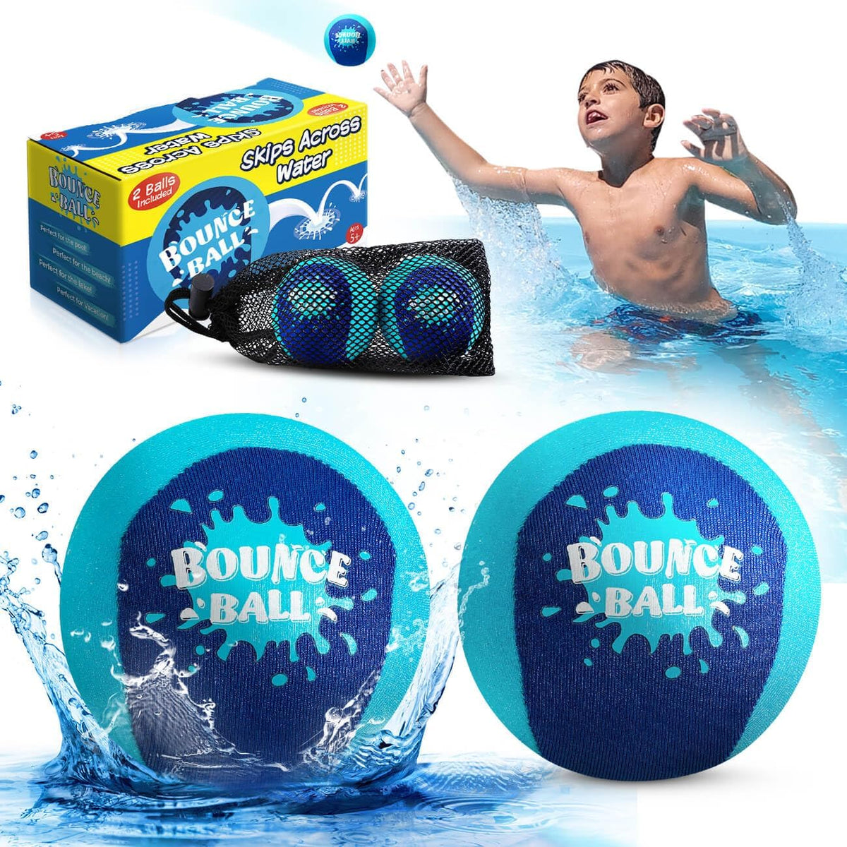 Bambilo water skipping ball two pack front view of blue and cyan bouncing pool toys