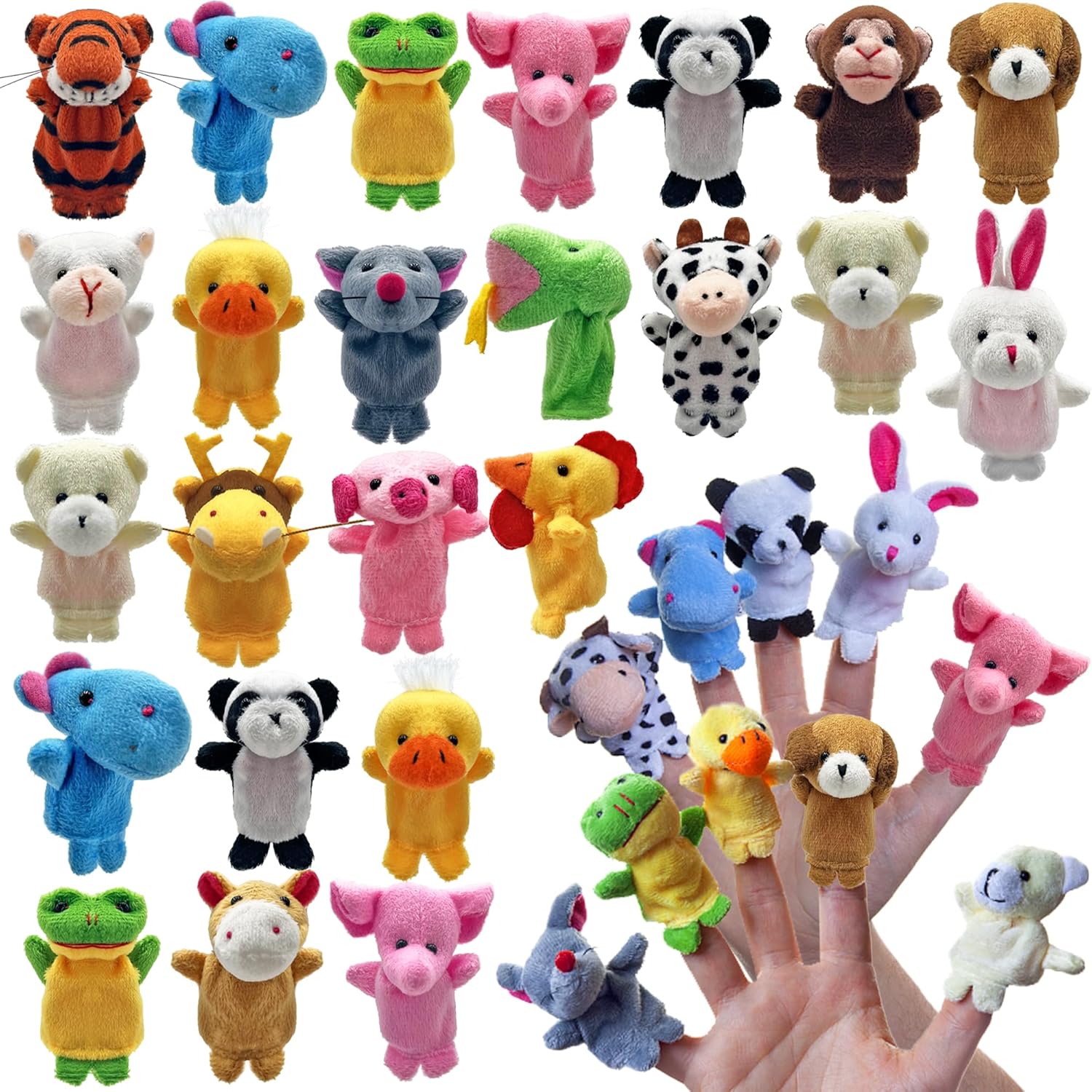 XIPEGPA twenty four piece animal finger puppets set arranged in a colorful grid view