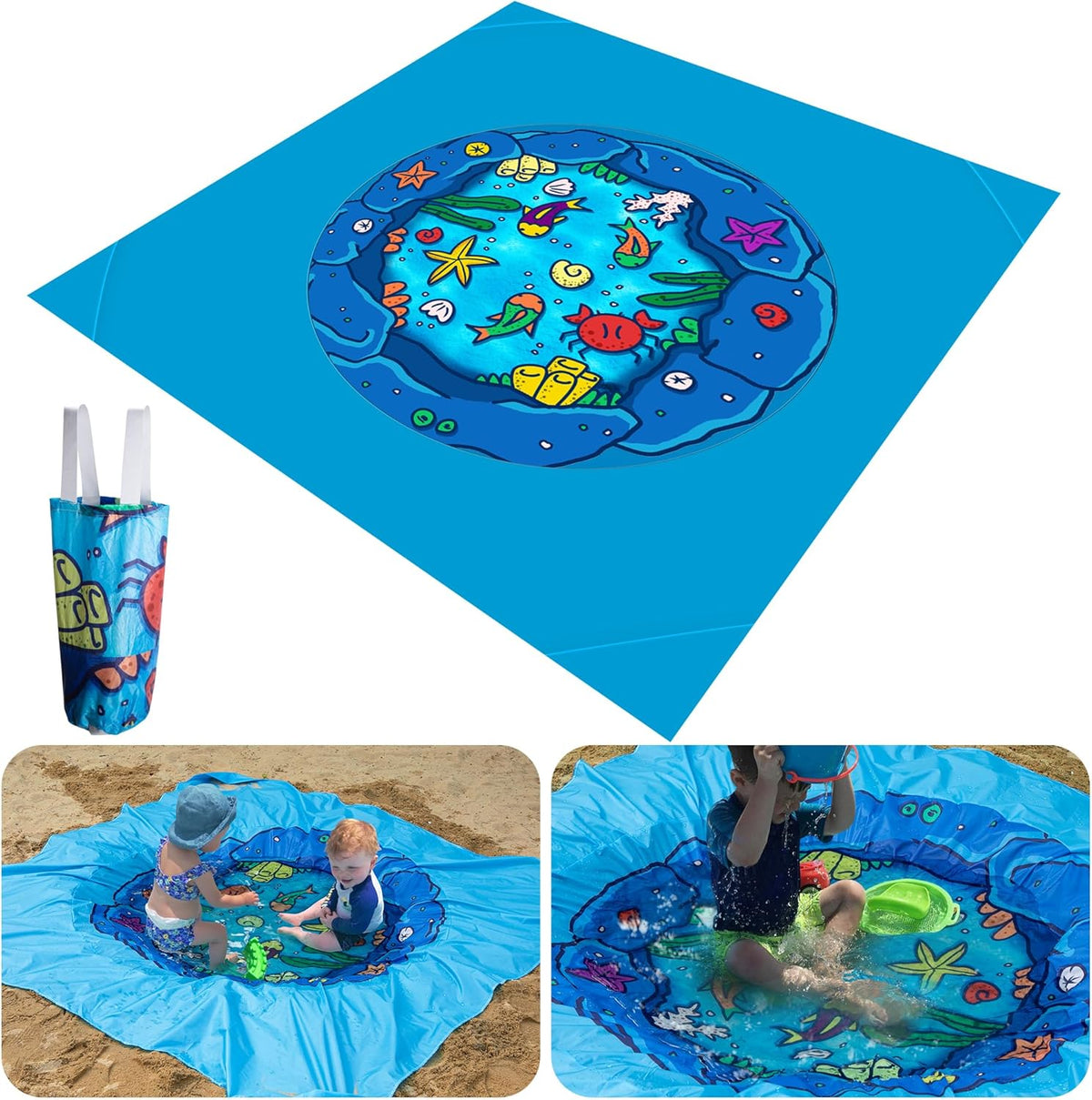 RunNico portable baby beach pool blanket front view showing colorful cartoon ocean animal patterns.