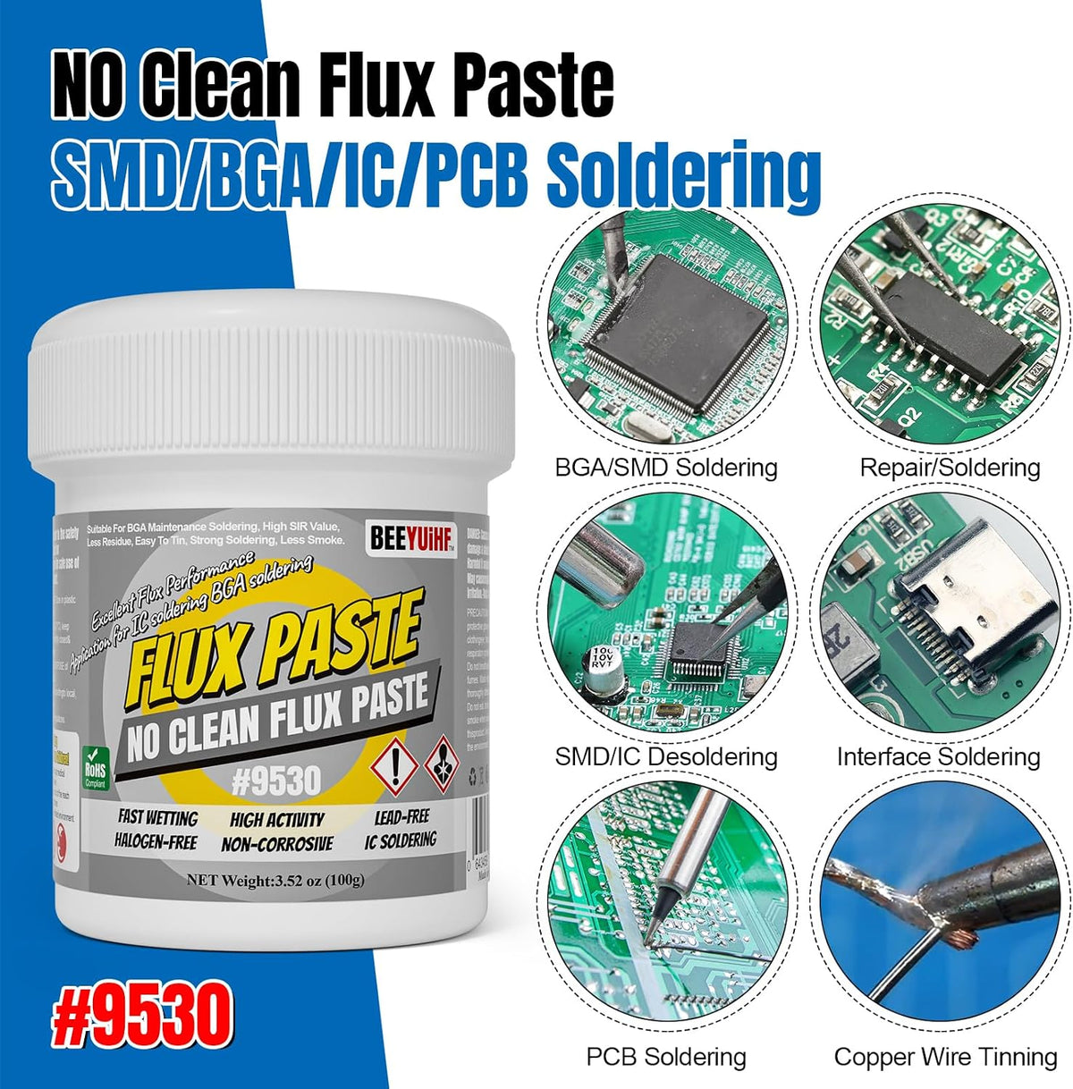 BEEYUIHF no-clean flux paste package showing net weight 100 grams