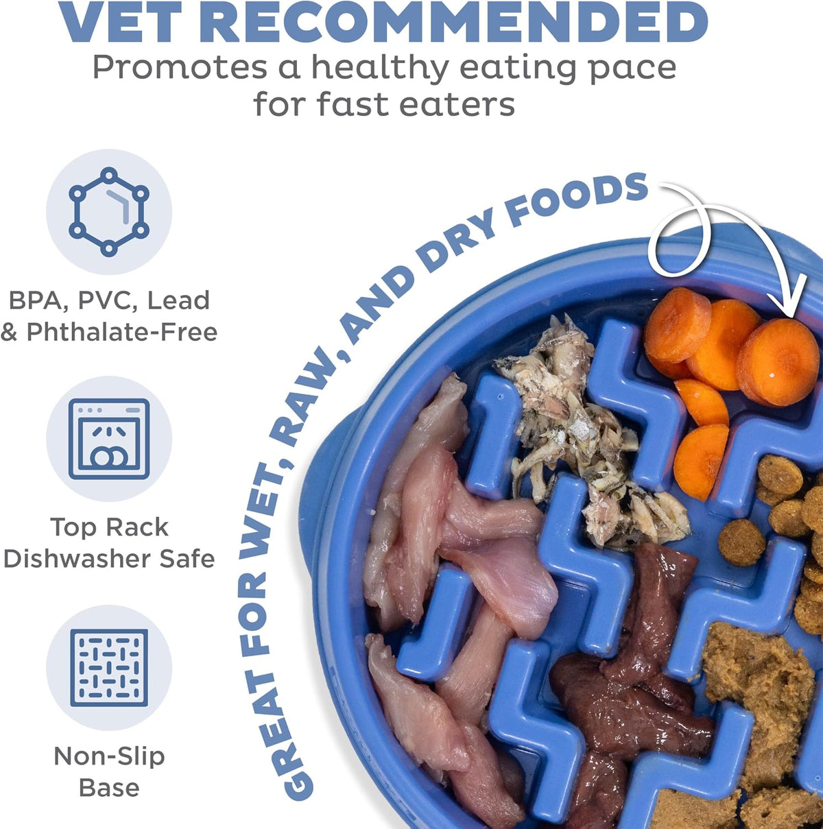 Medium 2 cup capacity interactive pet bowl filled with dry kibble.