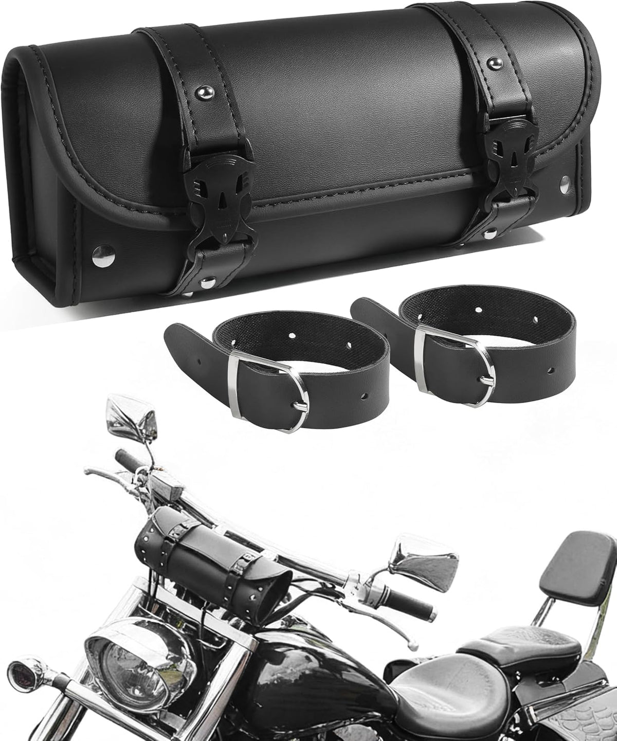 PAIYUE motorcycle handlebar bag front view showing premium black faux leather finish and dual quick release buckles