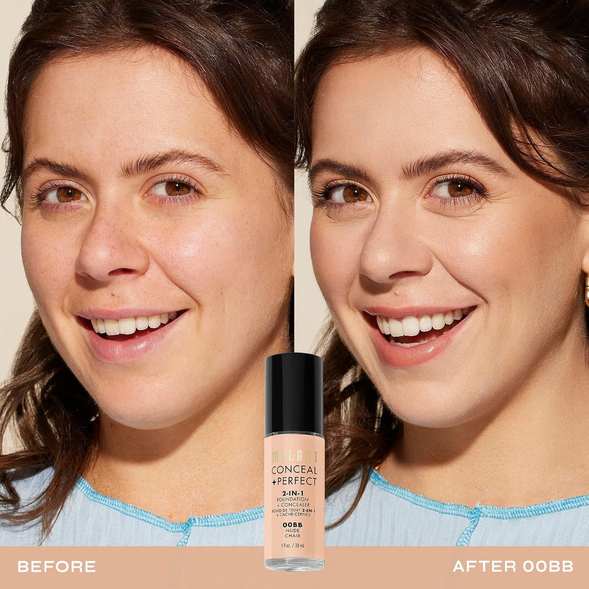 Milani foundation shade 00BB-Nude glass bottle packaging