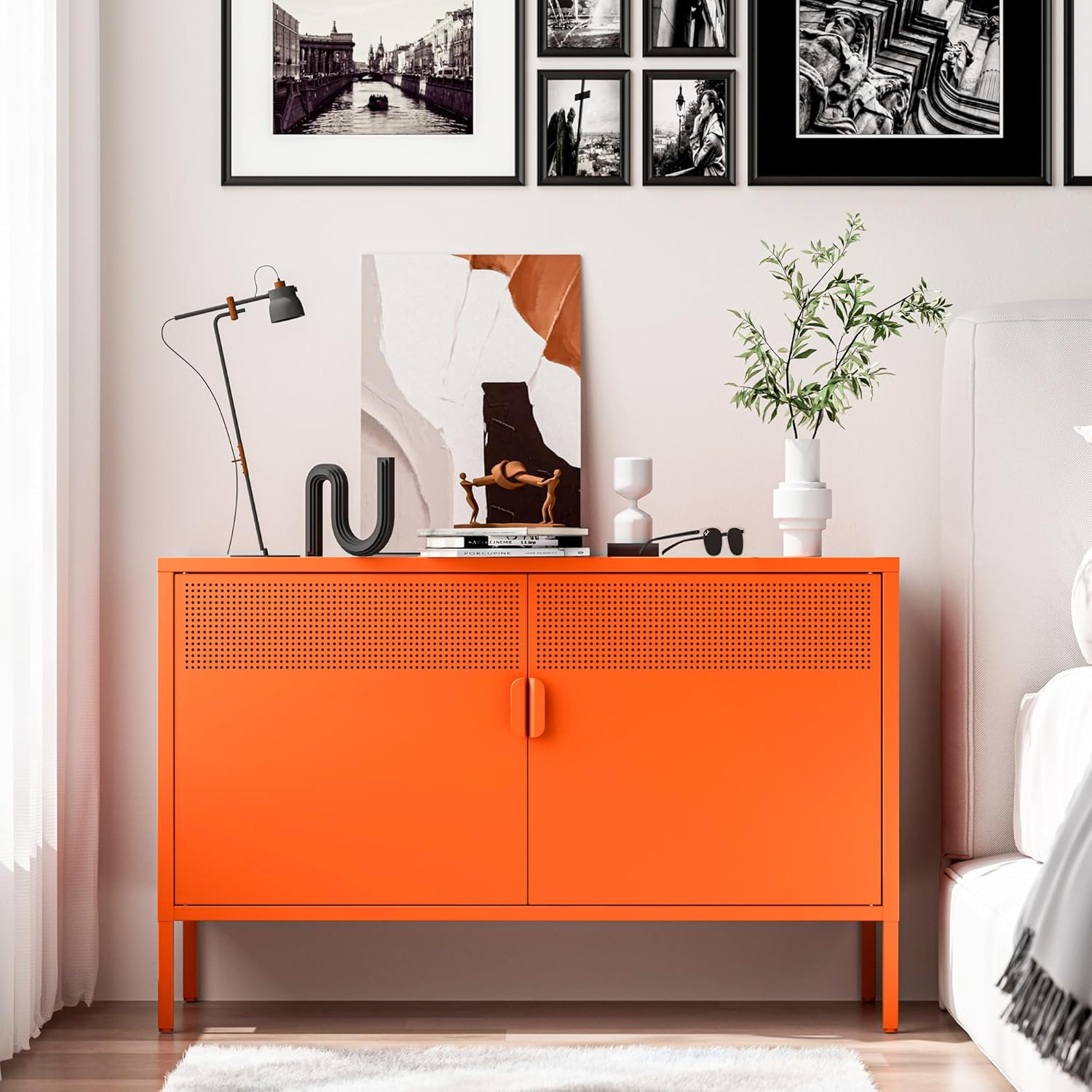 Washsemba two door metal accent cabinet front view in vibrant orange color for home storage