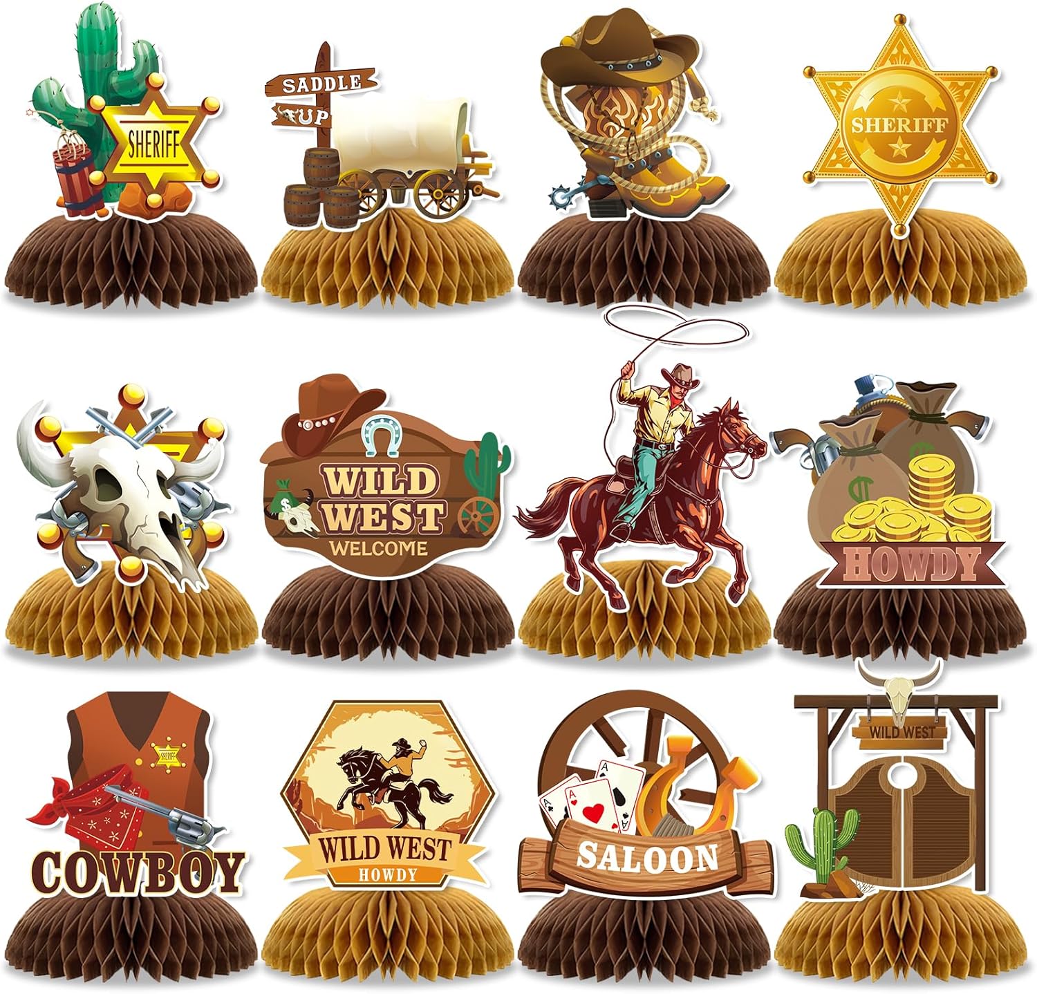 Kingzone 12 piece Western cowboy party honeycomb centerpieces front view