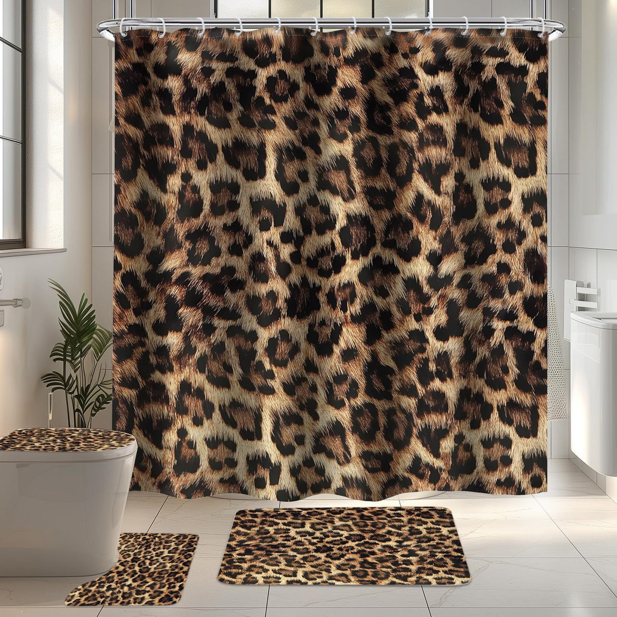 LIGHTINHOME leopard print shower curtain set front view with matching rugs