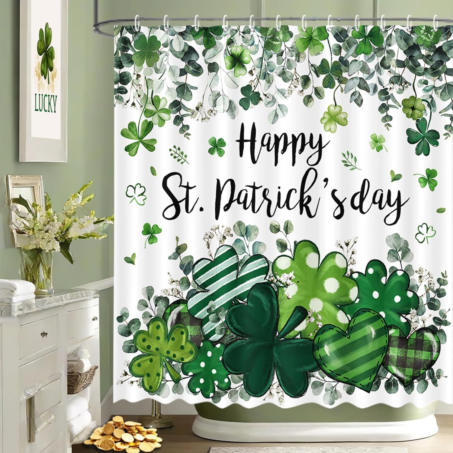 MEHOFOND St. Patricks Day Shower Curtain front view featuring vibrant green shamrock design