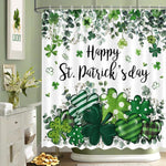 MEHOFOND St. Patricks Day Shower Curtain front view featuring vibrant green shamrock design
