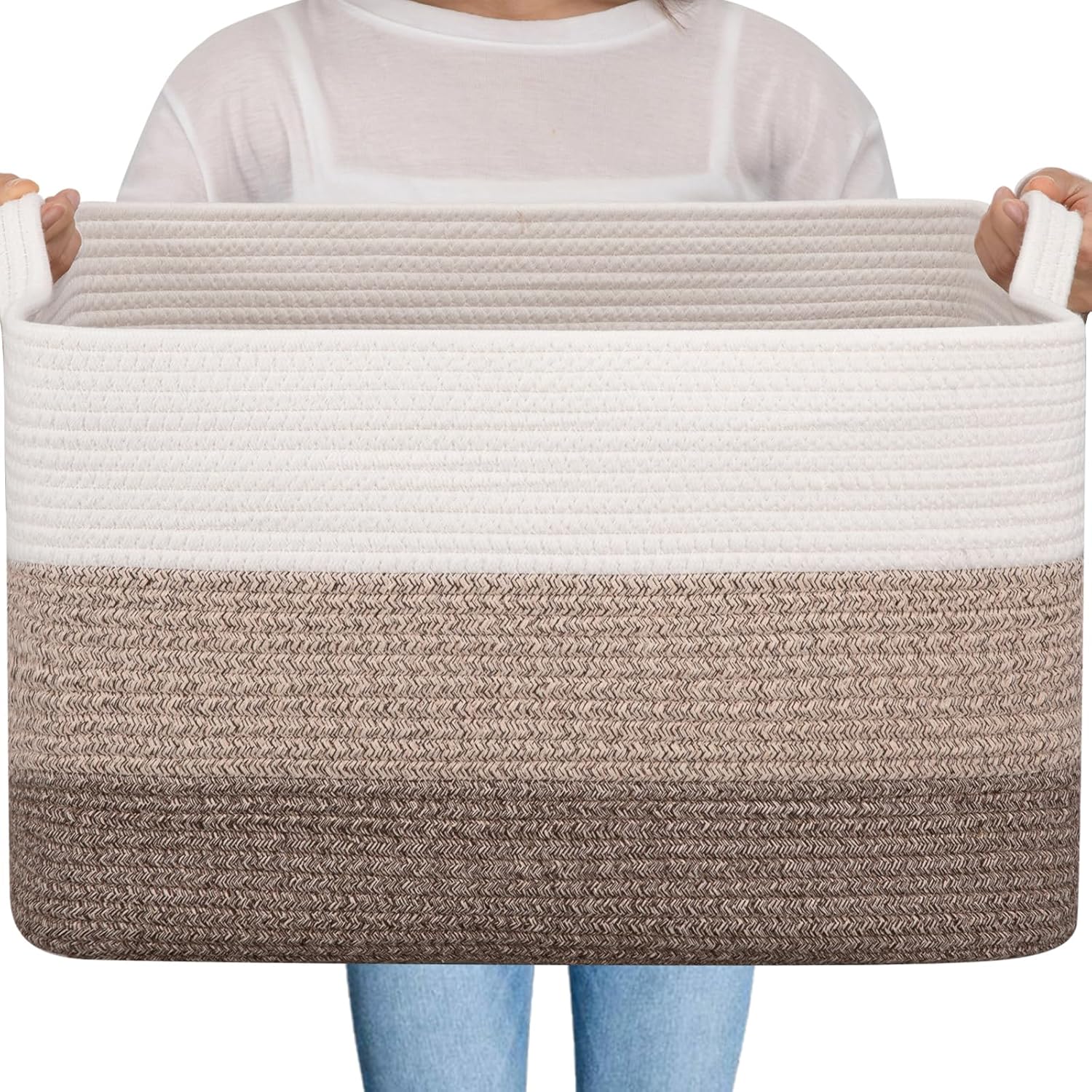 OIAHOMY large cotton rope storage basket front view gradient brown for home organization