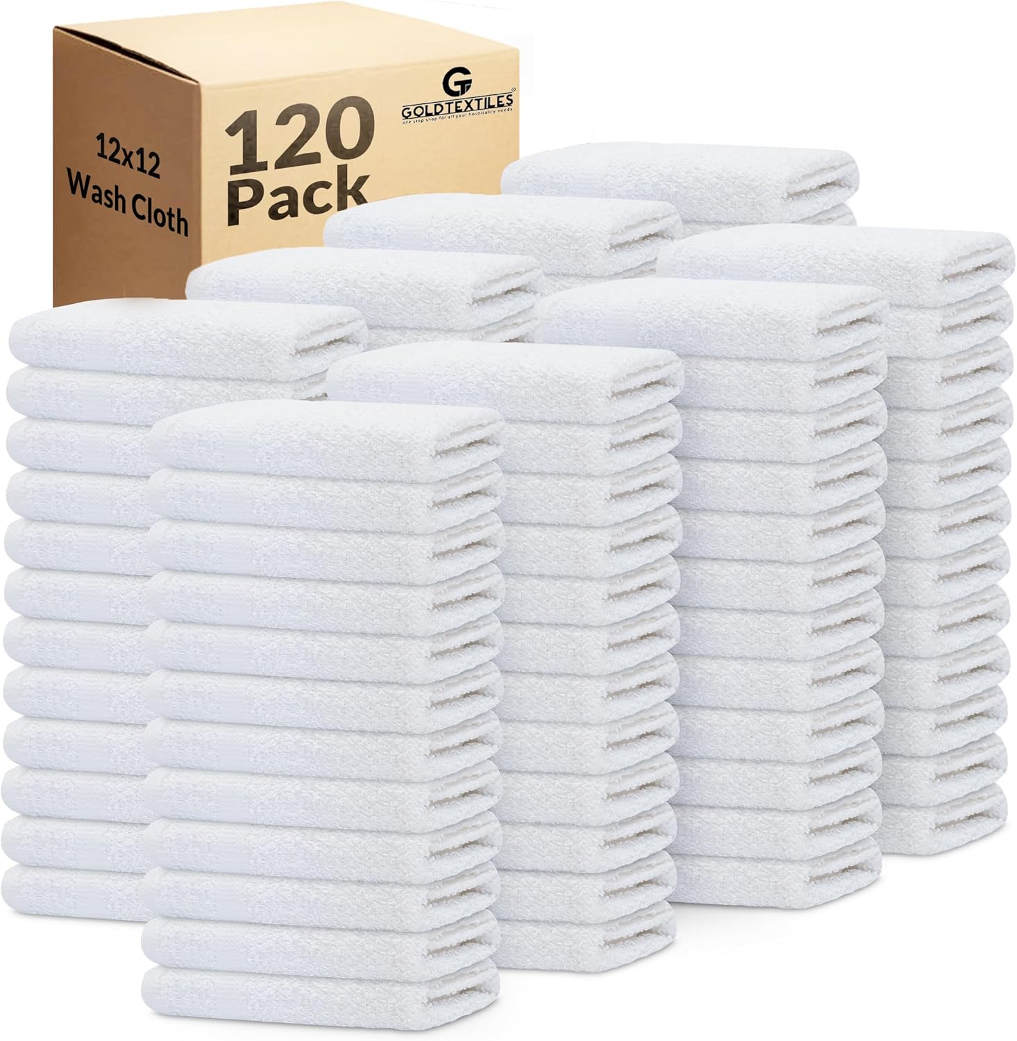 Gold Textiles 120 pack economy white washcloths front view