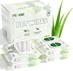 Femeke 200 count pet grooming wipes showing the individual packs and safe ingredients.