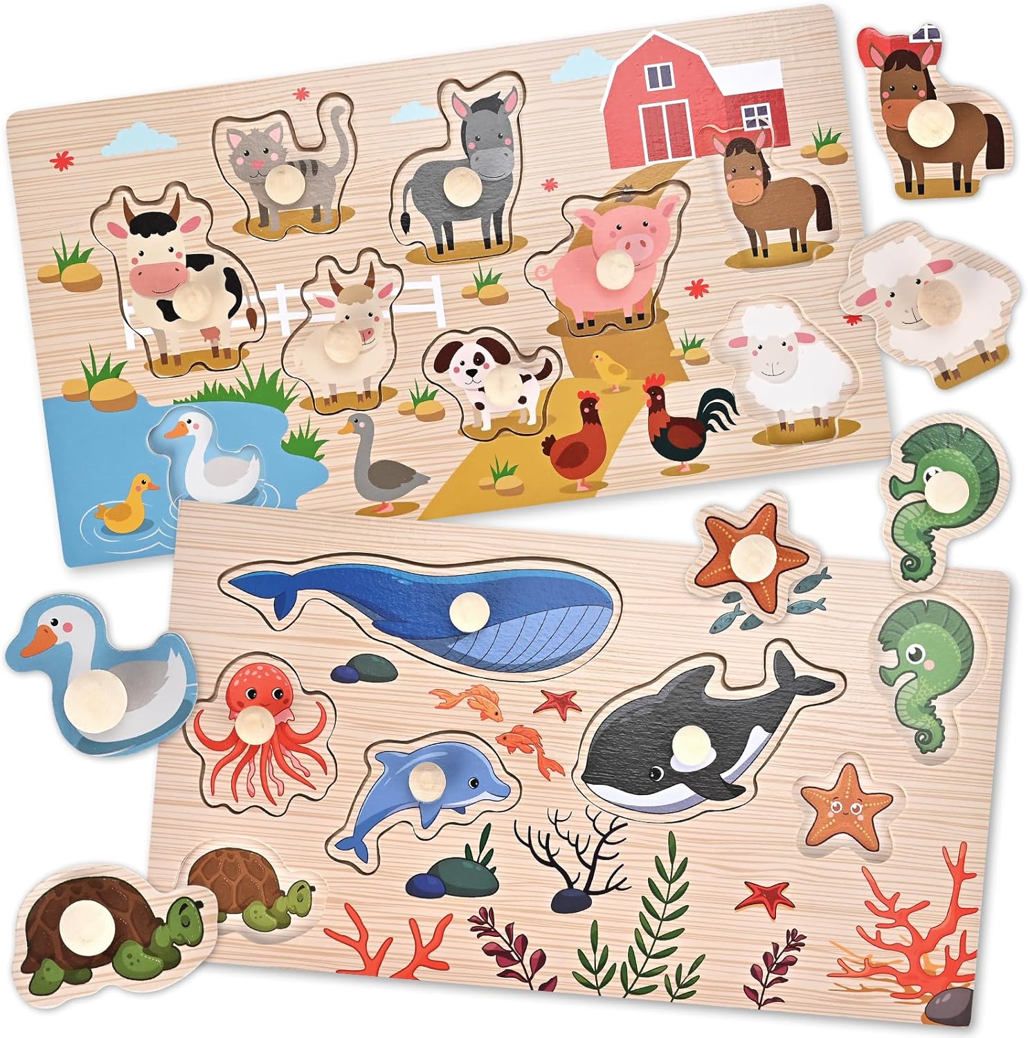 Wooderma wooden peg puzzles for toddlers front view showcasing farm animal and sea creature boards