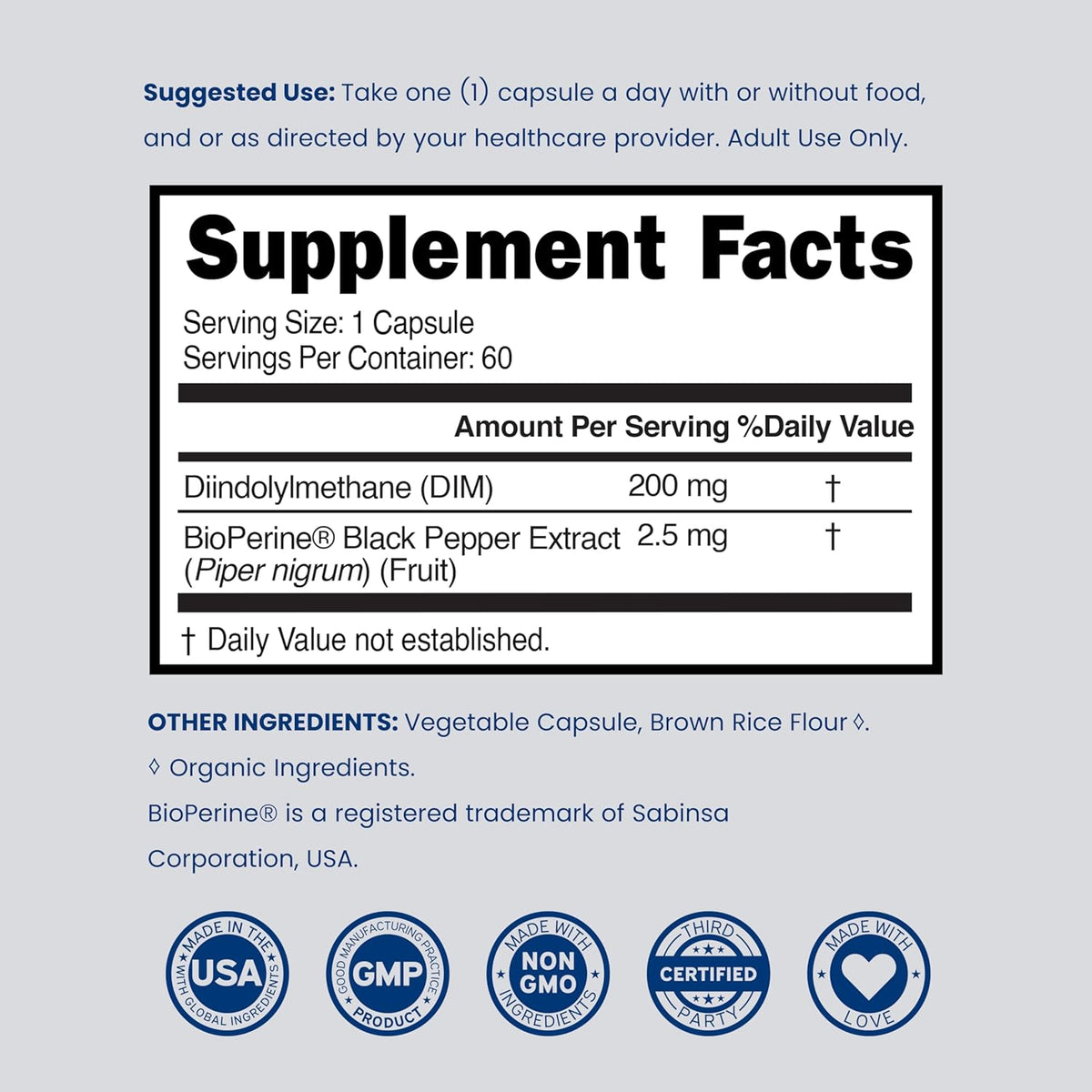 Dorado Nutrition DIM bottle with supplement facts panel
