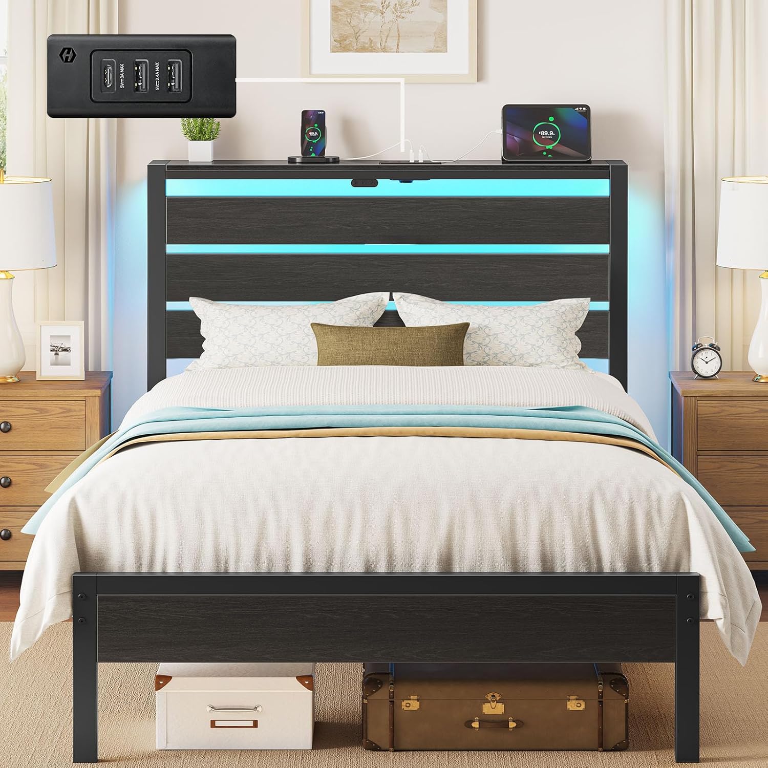 Rolanstar twin bed frame with LED lights and storage headboard front view