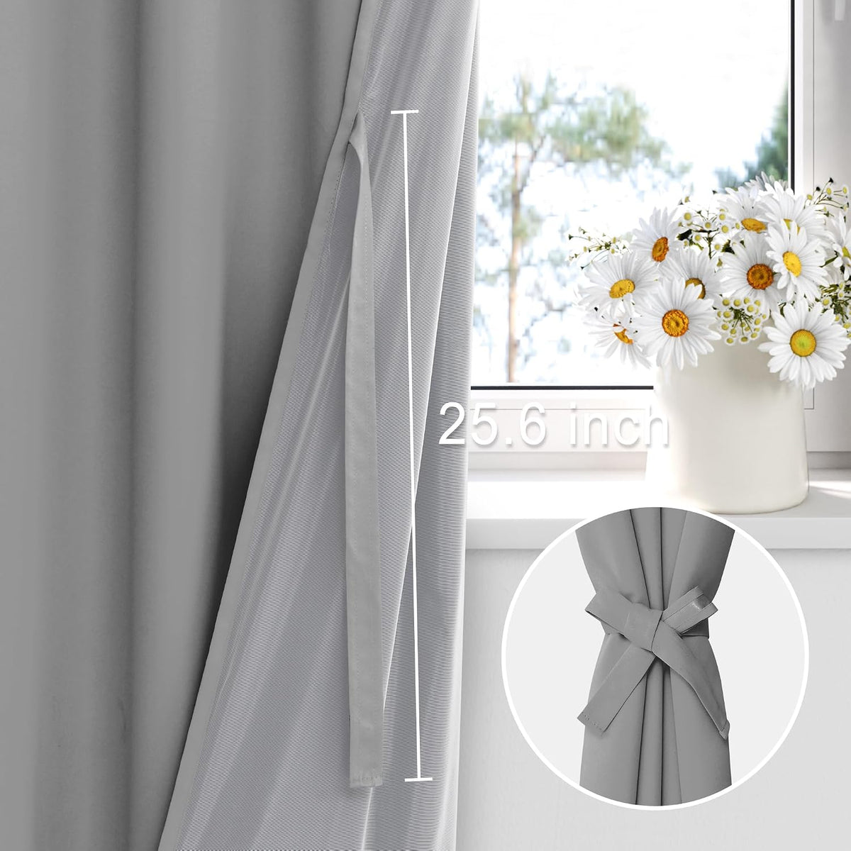 XWZO window drapes showing built-in sewn tieback detail