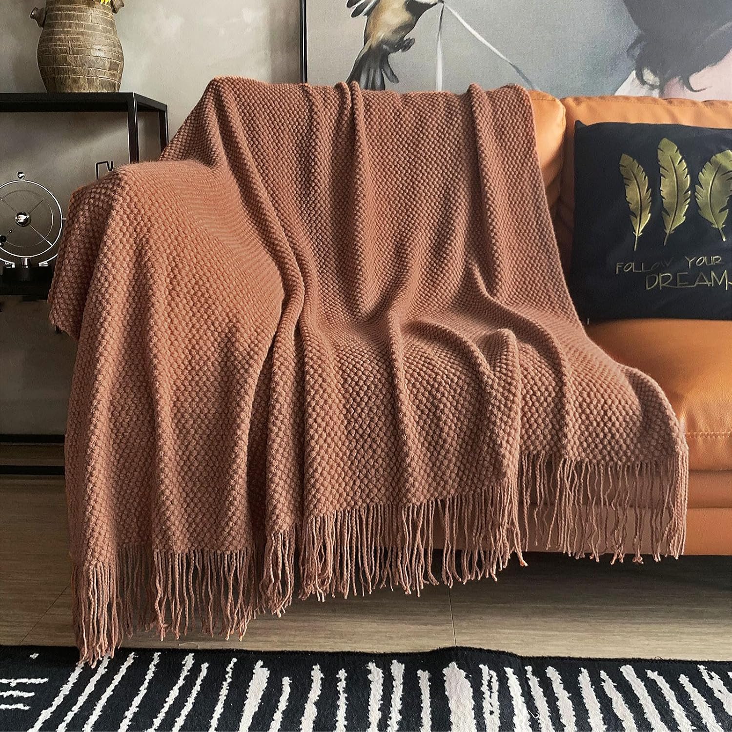 LOMAO knitted throw blanket front view caramel