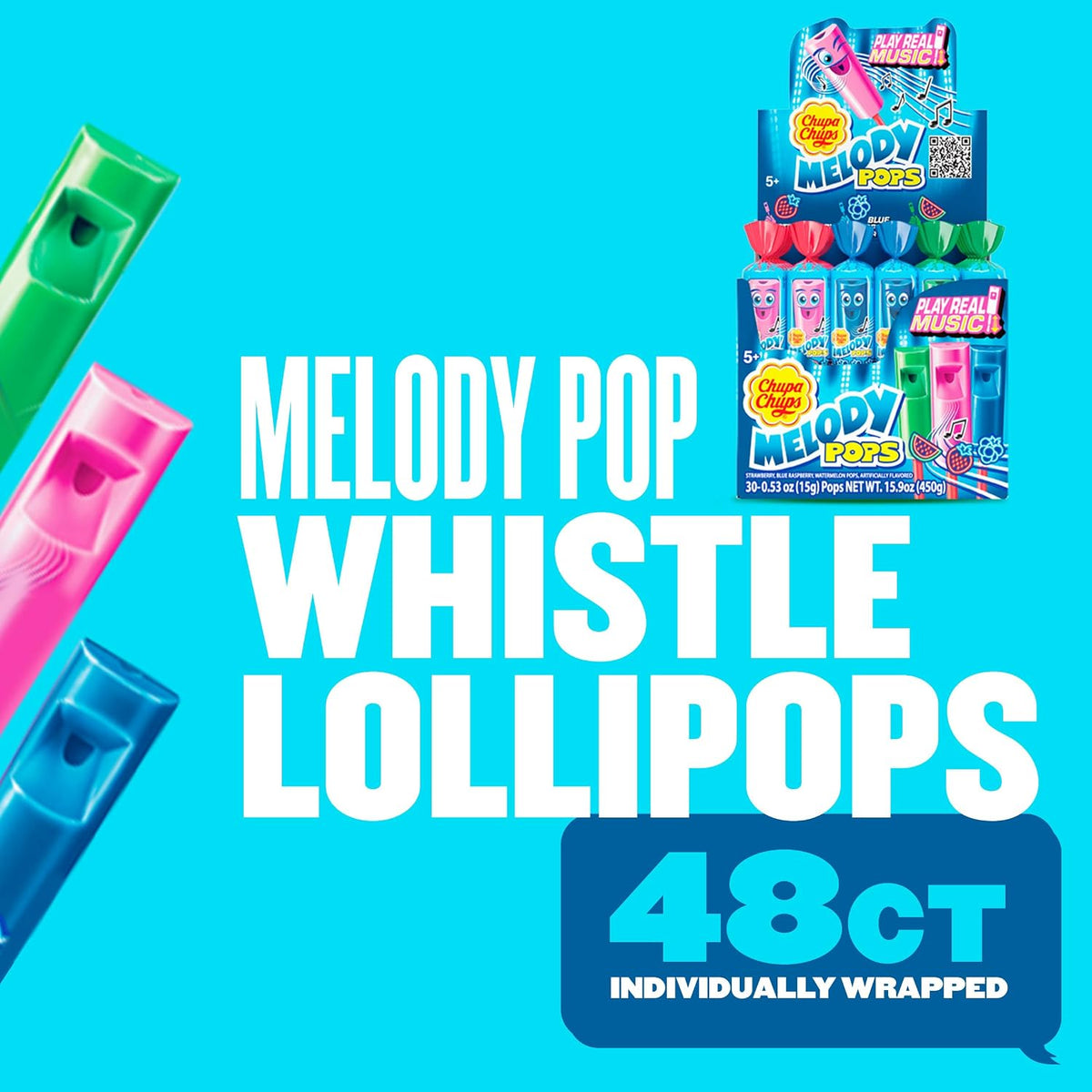 Chupa Chups Melody Pops display case highlighting the musical whistle function.