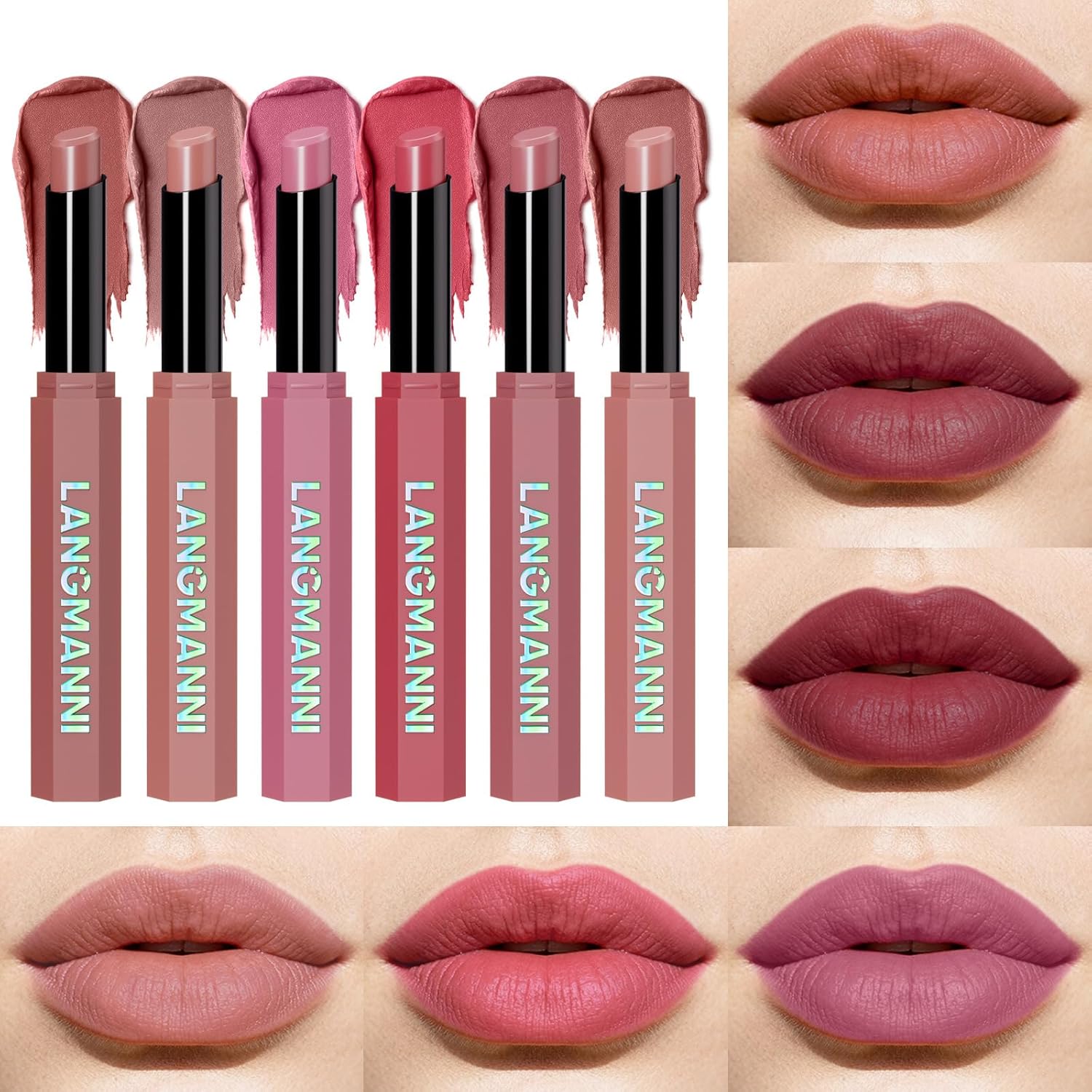 BestLand 6 Piece Pink and Rose Matte Lipstick Set front view showcasing the full six shade collection.