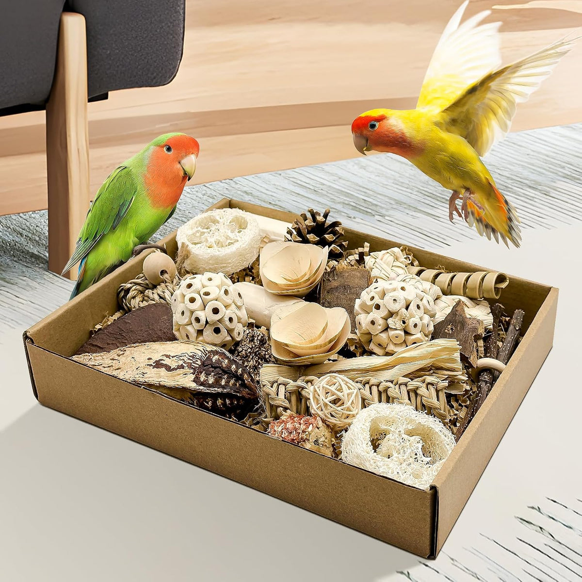 LOPERDEVE bird chewing toy box containing natural sola balls and rattan components.