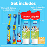 Colgate Bluey manual toothbrushes for children highlighting the ergonomic handles and countertop suction cups