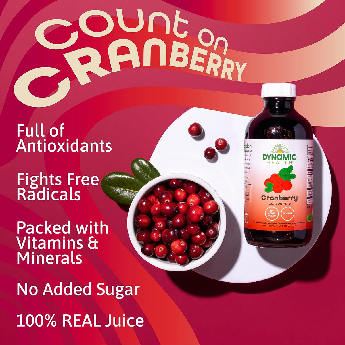 Dynamic Health cranberry juice concentrate bottle with serving suggestions