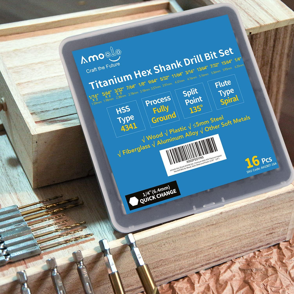Amoolo hex shank drill bit set side profile showing integrated pin structure