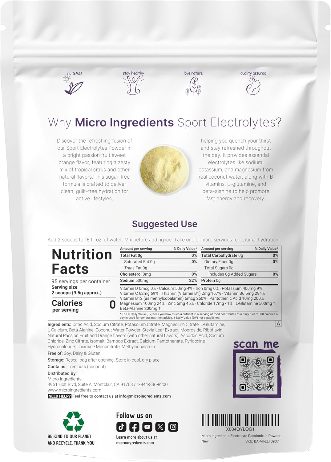 Micro Ingredients electrolyte supplement nutritional facts label
