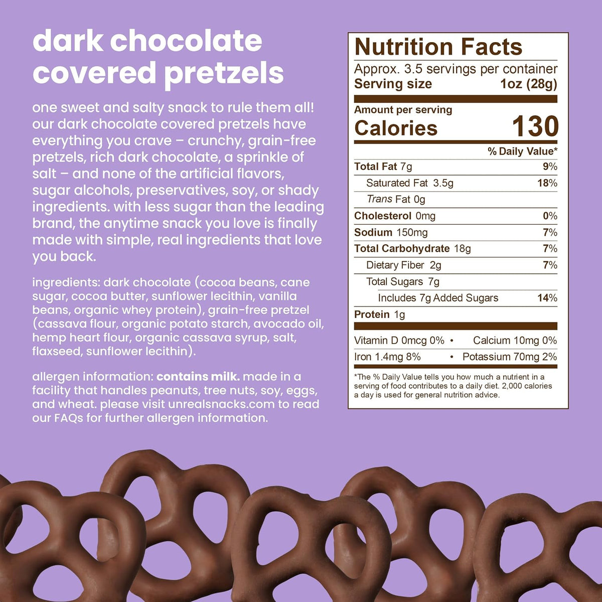 Unreal dark chocolate covered pretzels packaging details