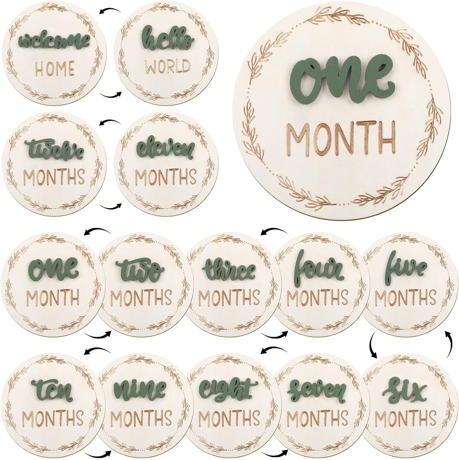 Auroray baby monthly milestone wooden cards front view displaying hello world design