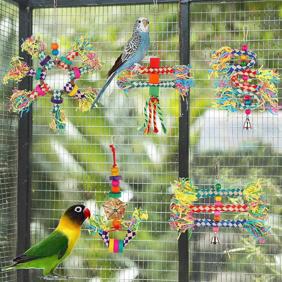 Small parrot pecking at a hanging bamboo chew toy inside a cage