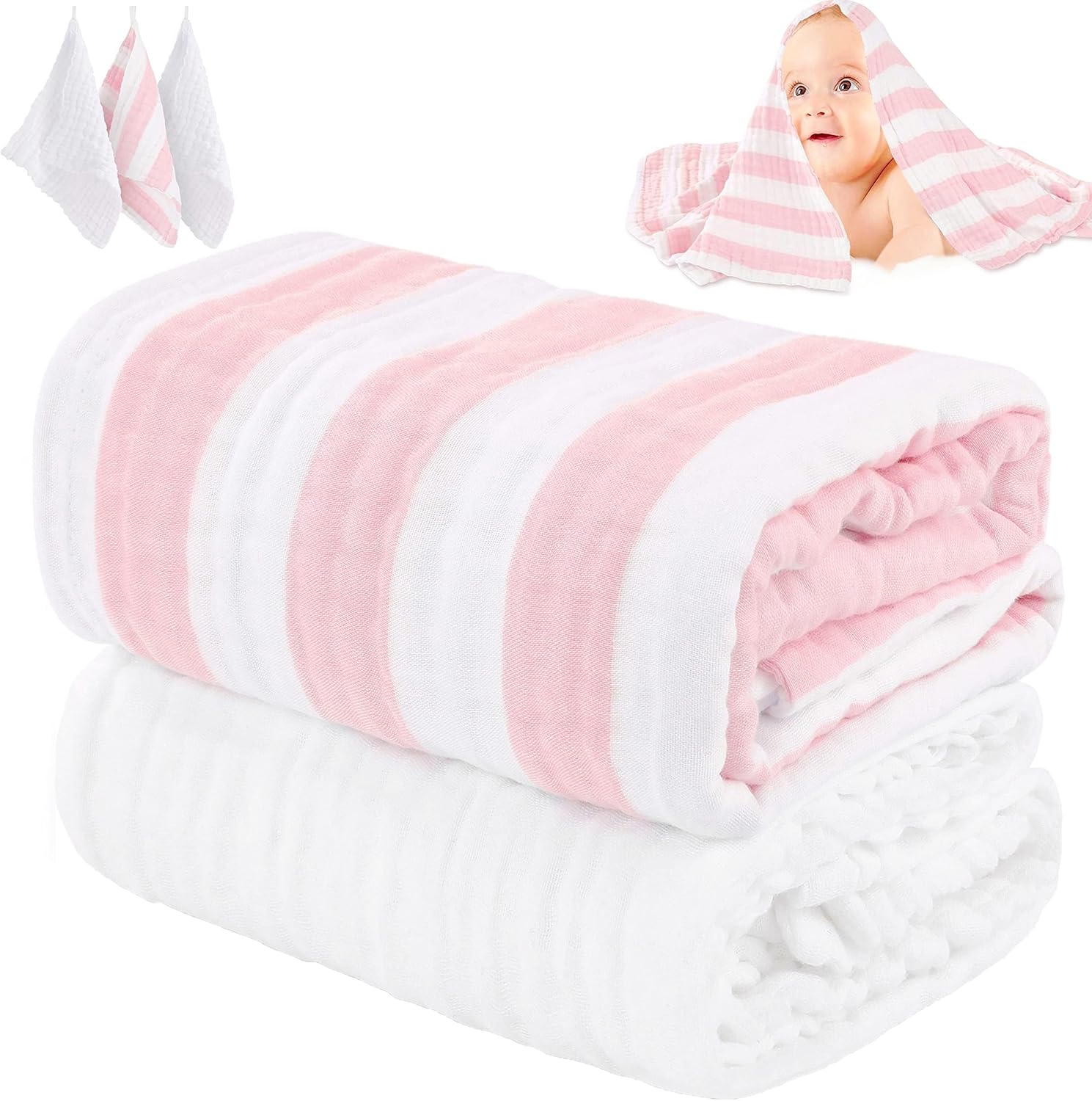 HardNok muslin baby towel 5 piece set pink striped front view
