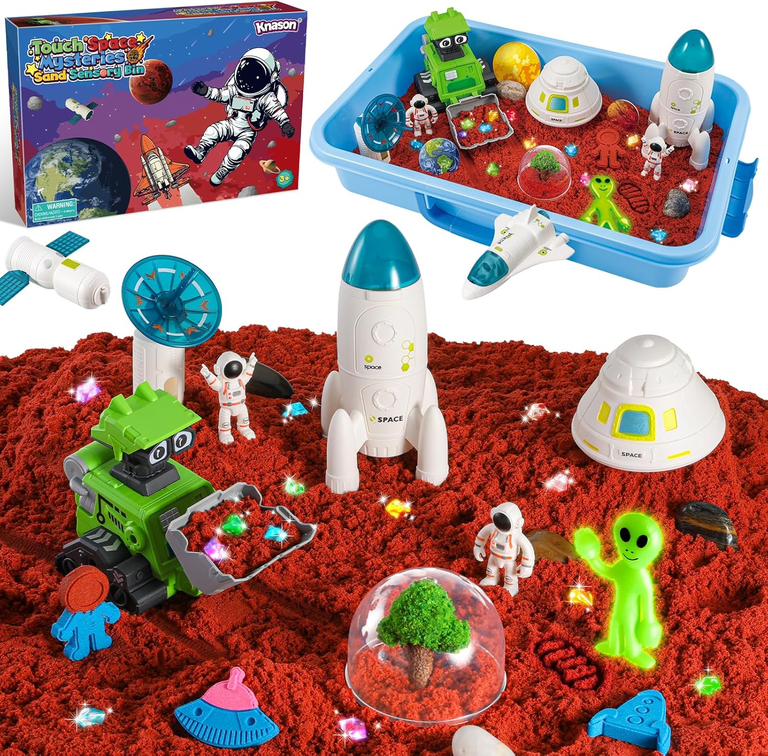 KNASON Outer Space Sensory Bin front view showing the complete thirty-one piece play sand kit with astronauts and planets.