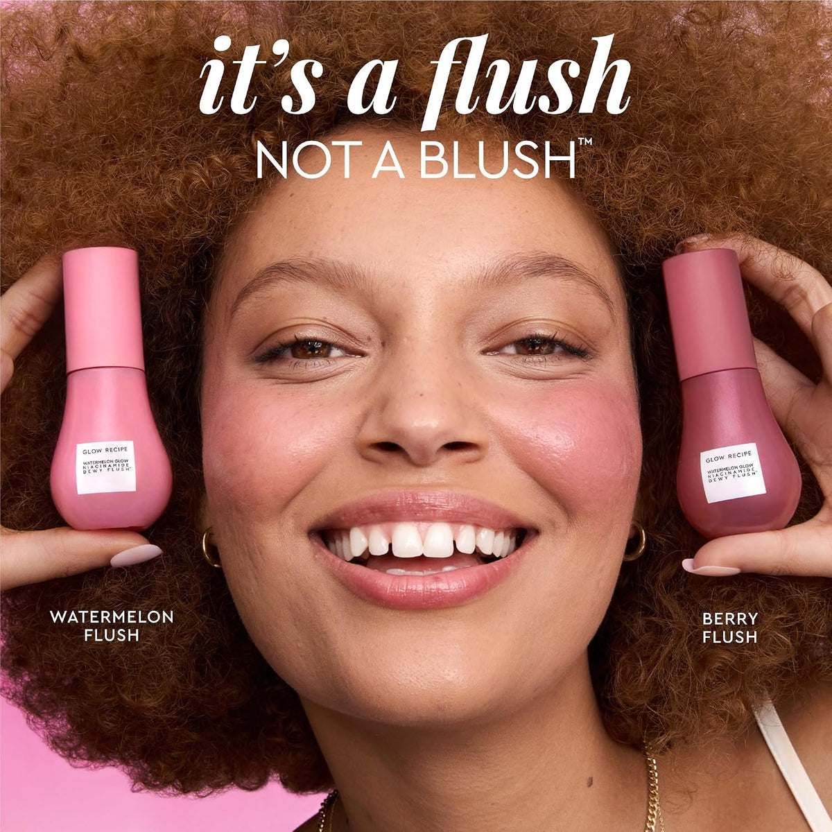 Close-up texture swatch of Glow Recipe Watermelon Glow Dewy Flush in the shade Berry Flush on fair skin.