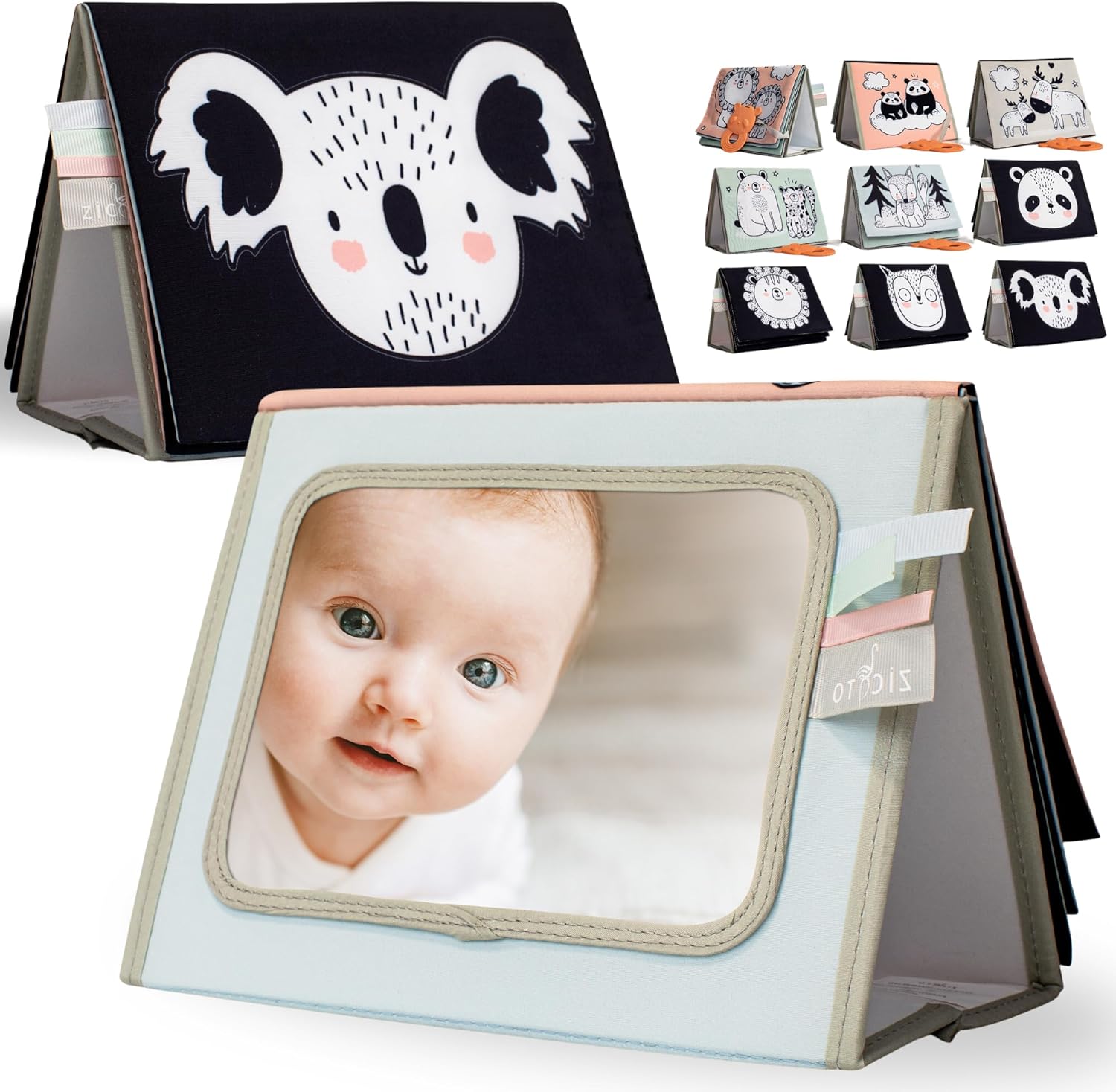 ZICOTO soft tummy time book front view showing high contrast koala pattern