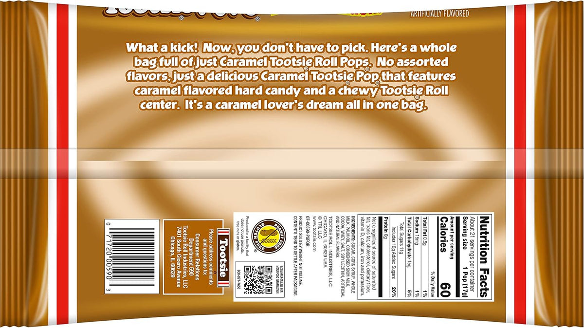 Authentic USA imported Tootsie Pops single flavor caramel lollipops bag displayed on a clean surface.