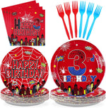 Grencian Spider 3rd Birthday Decorations front view showing complete ninety-six piece superhero tableware assortment.
