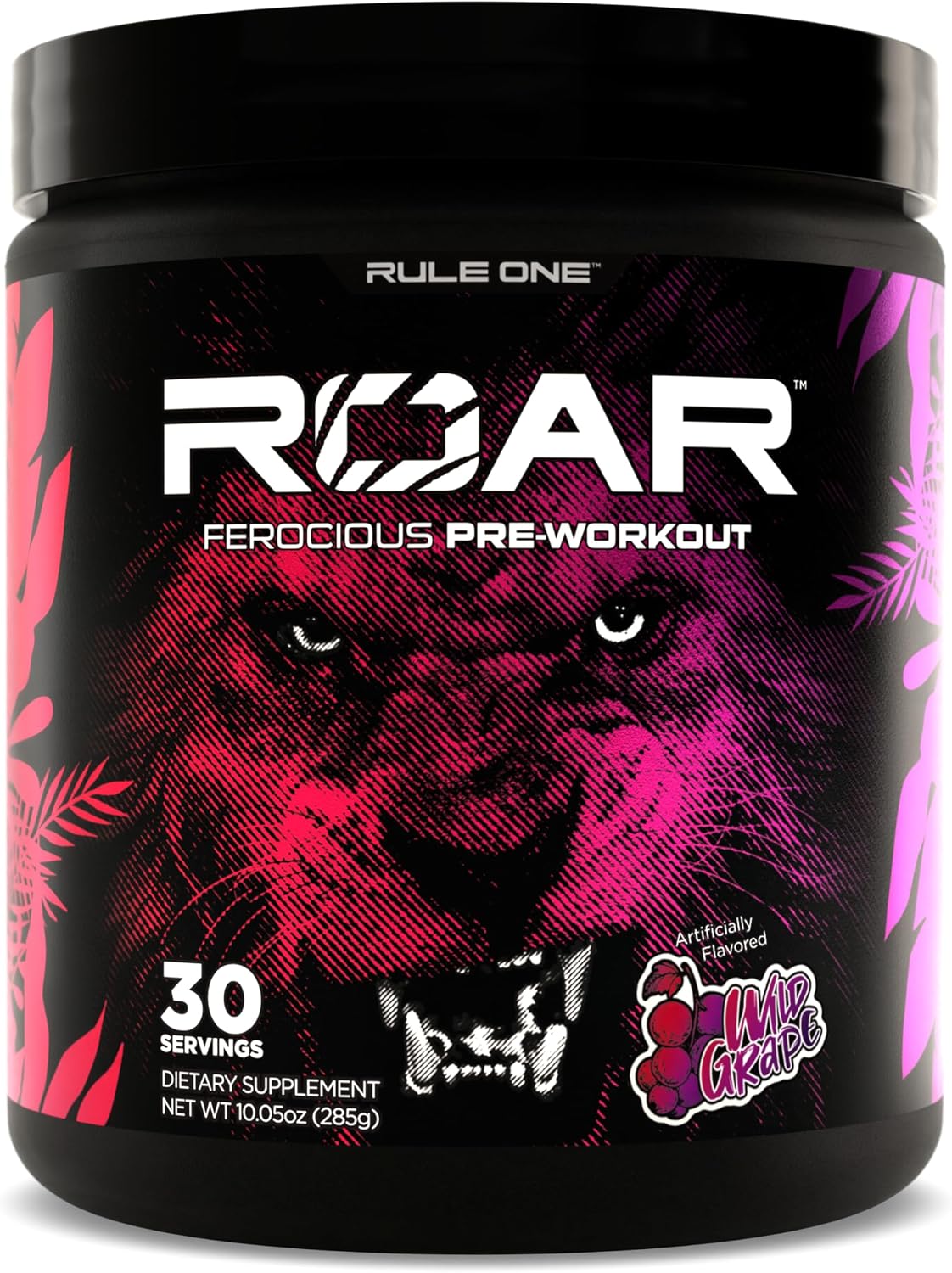 Rule 1 R1 Roar Wild Grape front view pre-workout container
