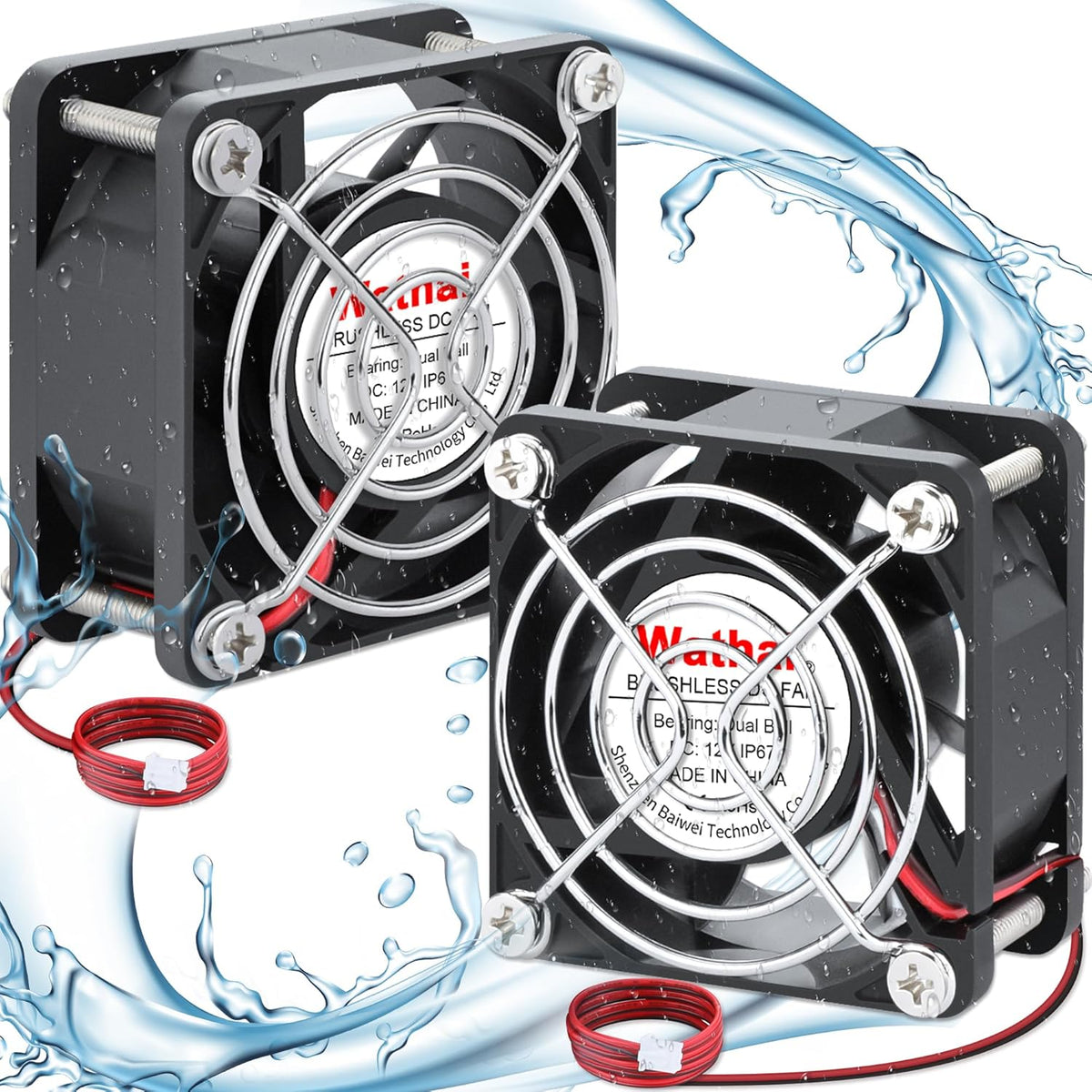 Wathai IP67 12V Waterproof 60mm Cooling Fan front view showing dual pack kit with protective metal grills